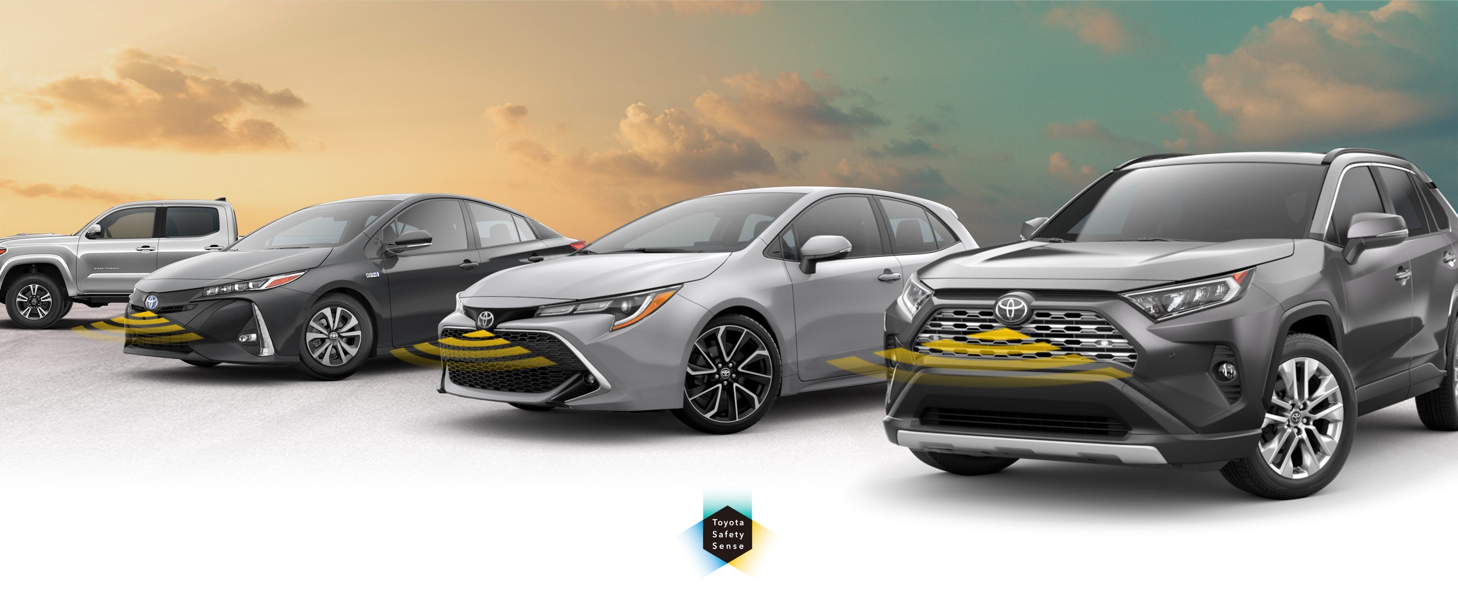 Toyota Safety Sense: Designed for Safety. Options shown on Toyota models including RAV4, Tacoma, and Camry, available now at Bergstrom Toyota in Oshkosh WI.